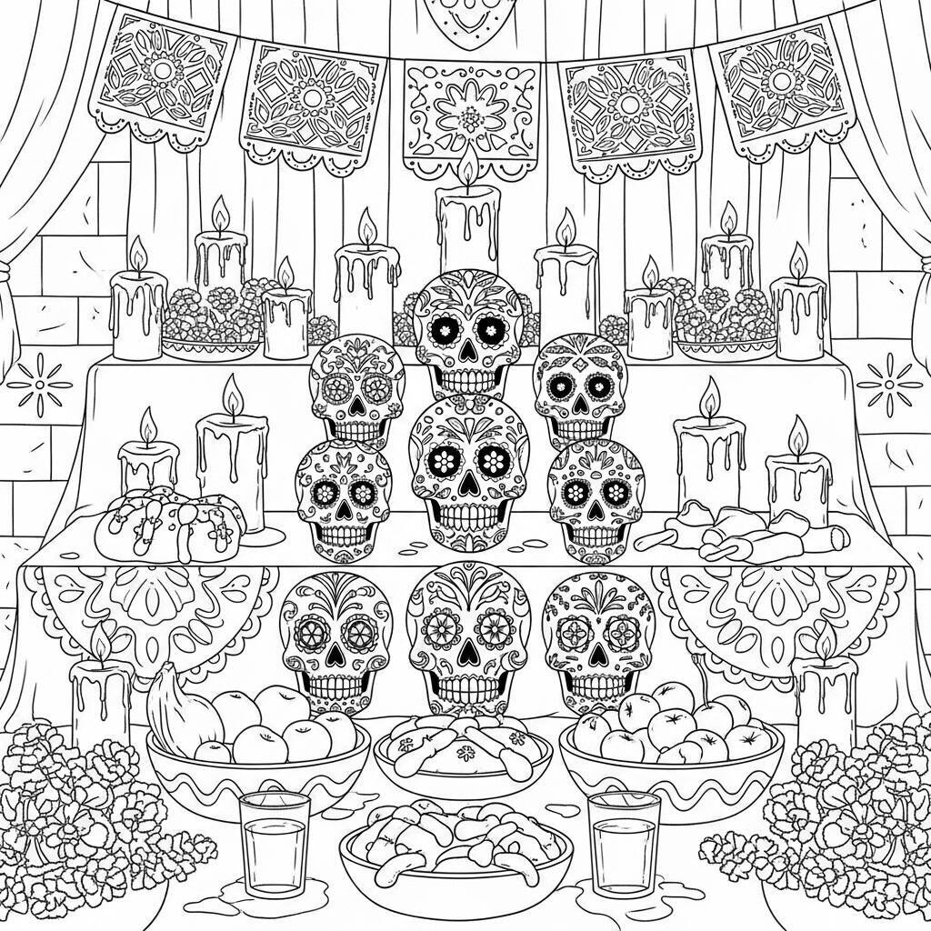 Desenho do Dia dos Mortos de Altares Decorativos para Colorir