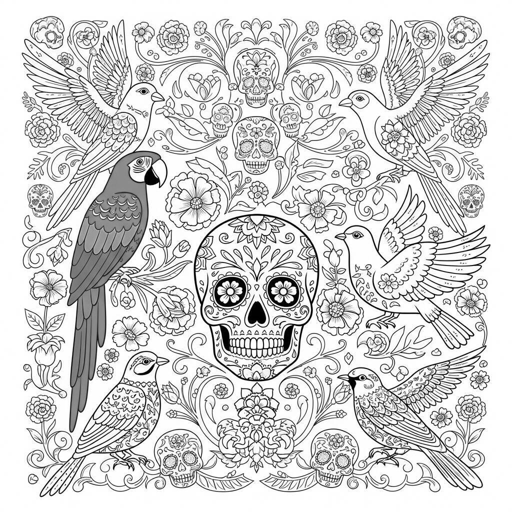Desenho do Dia dos Mortos de Aves Coloridas para Colorir