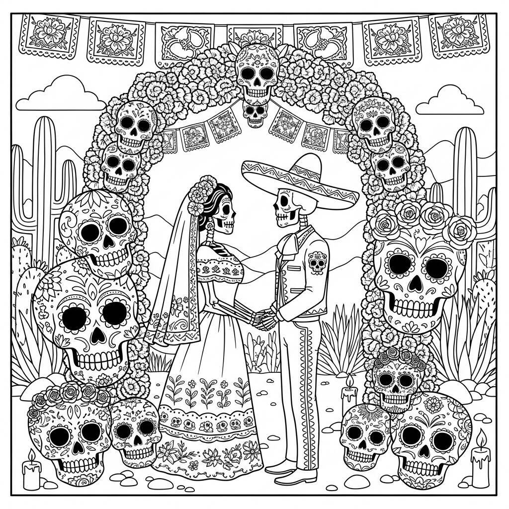 Desenho do Dia dos Mortos de Casamento Tradicional para Colorir