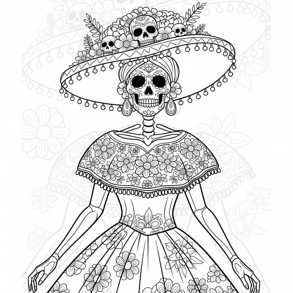 Desenho do Dia dos Mortos de Catrina Elegante para Colorir