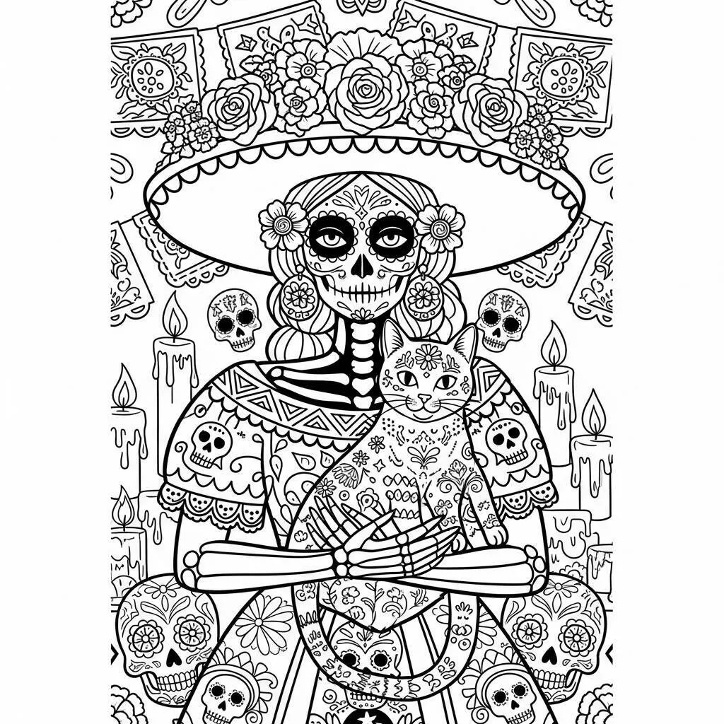 Desenho do Dia dos Mortos de Catrina com Gato para Colorir