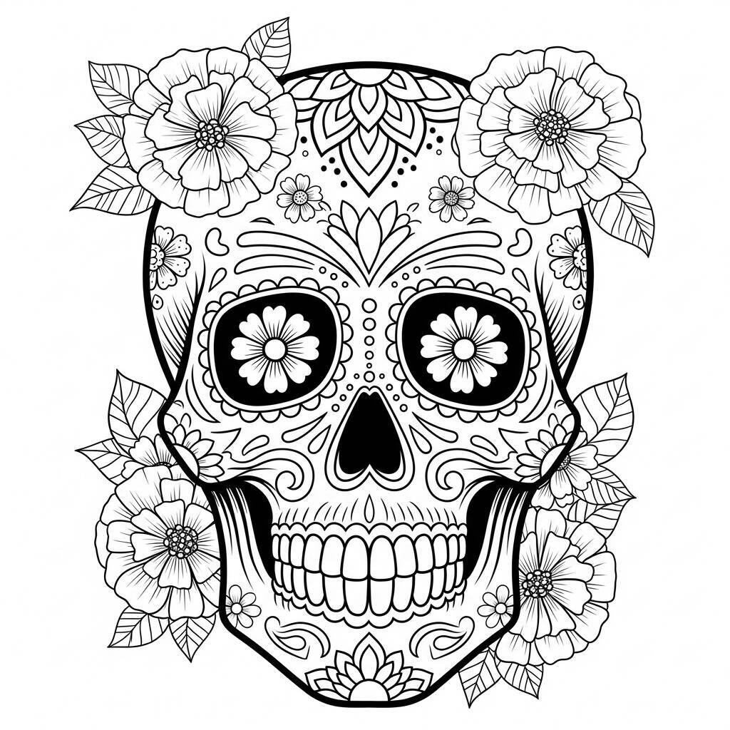 Desenho do Dia dos Mortos de Caveira Decorada para Colorir