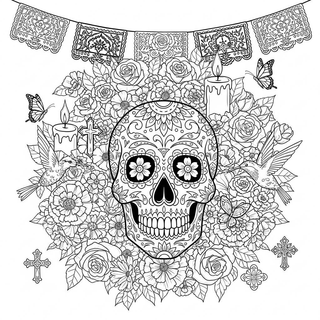 Desenho do Dia dos Mortos de Caveira e Flores para Colorir