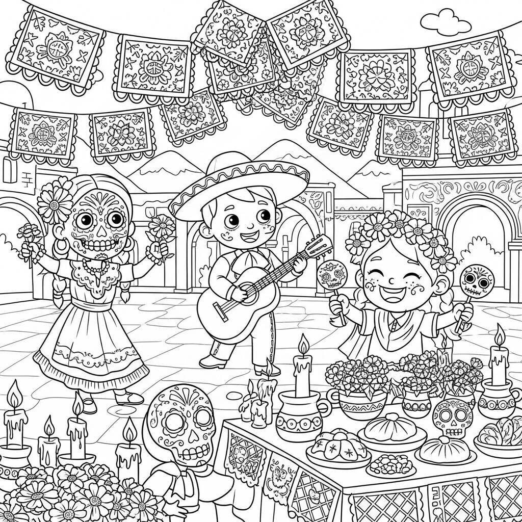 Desenho do Dia dos Mortos de Crianças Brincando para Colorir