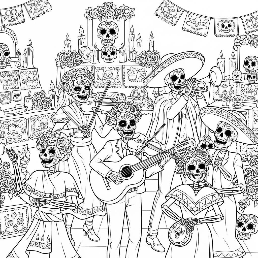 Desenho do Dia dos Mortos de Festa com Música para Colorir