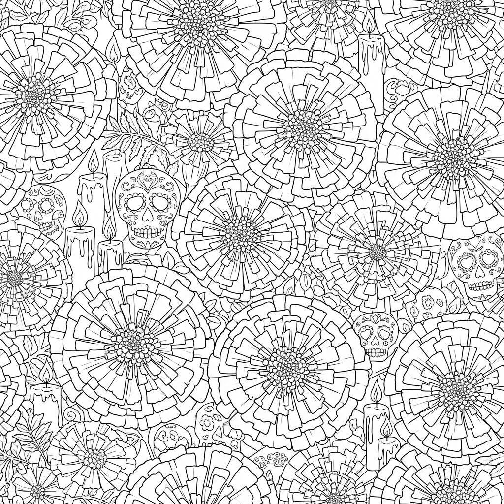 Desenho do Dia dos Mortos de Flores de Cempasúchil para Colorir