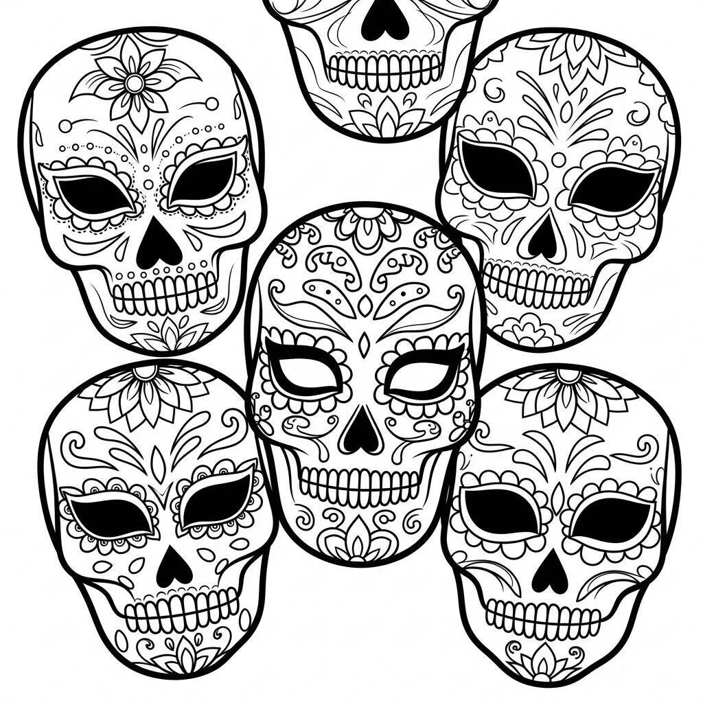 Desenho do Dia dos Mortos de Máscaras Coloridas para Colorir