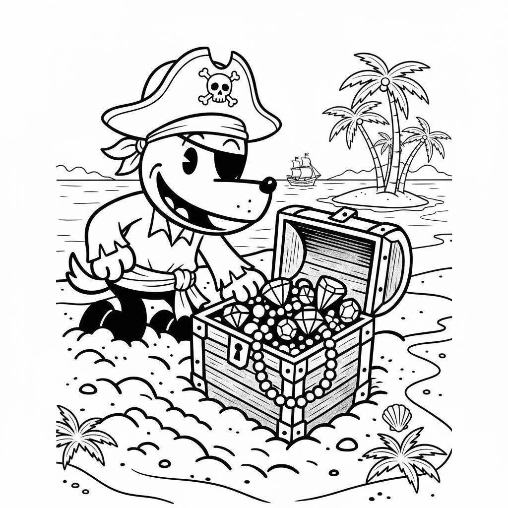 Desenho do Dog Man Pirata com Tesouro para colorir