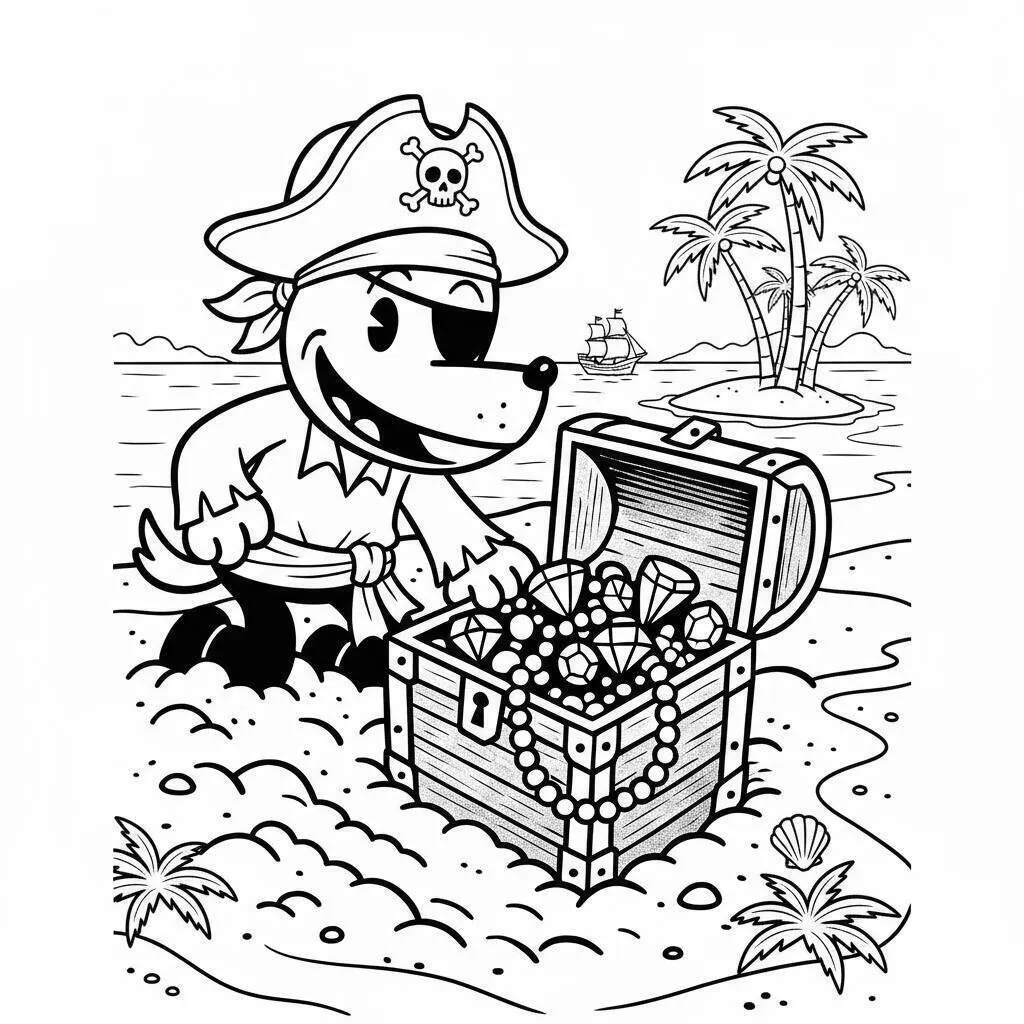 Desenho do Dog Man Pirata com Tesouro para colorir