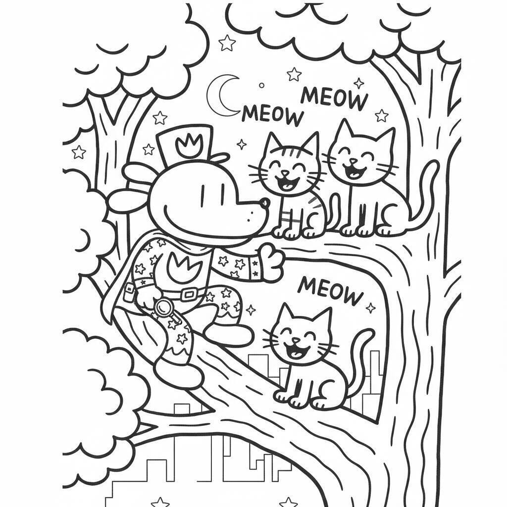 Desenho do Dog Man com gatinhos para colorir