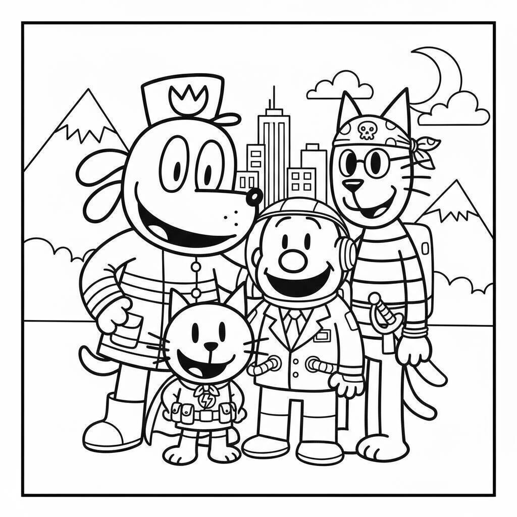 Desenho do Dog Man com os amigos para colorir