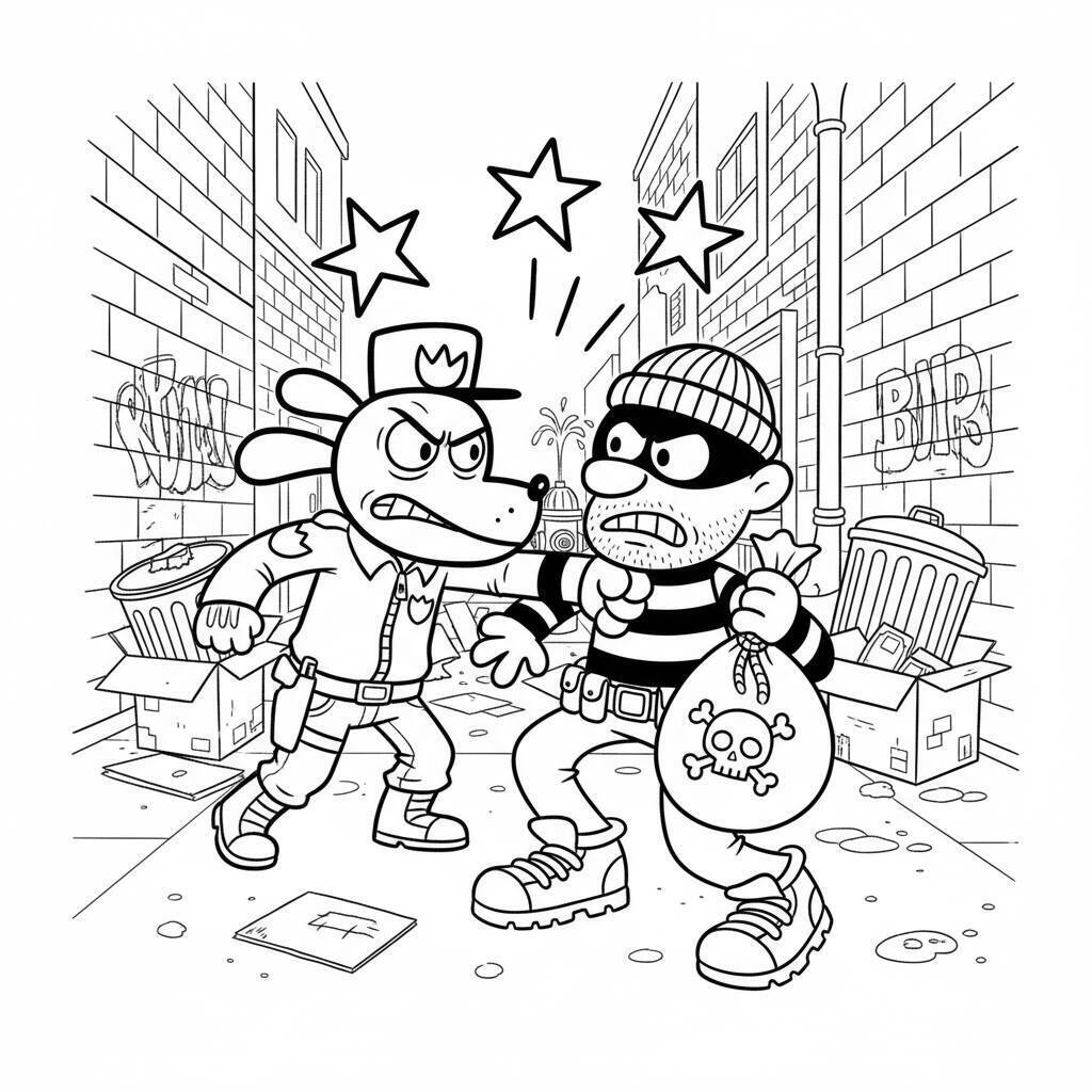 Desenho do Dog Man enfrentando o vilão para colorir