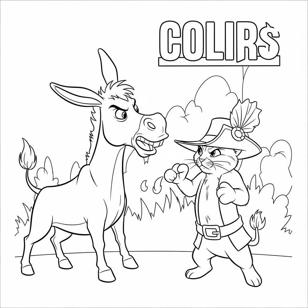 Coloriage L'âne et le chat botté