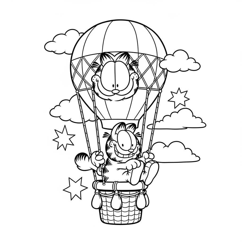 Coloriage Garfield dans une montgolfière