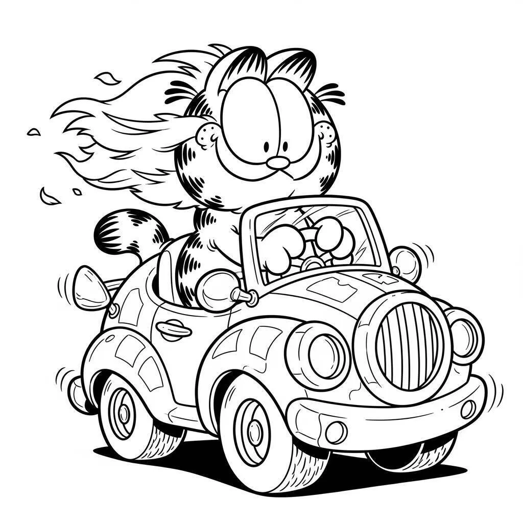 Desenho do Garfield em um carro para colorir