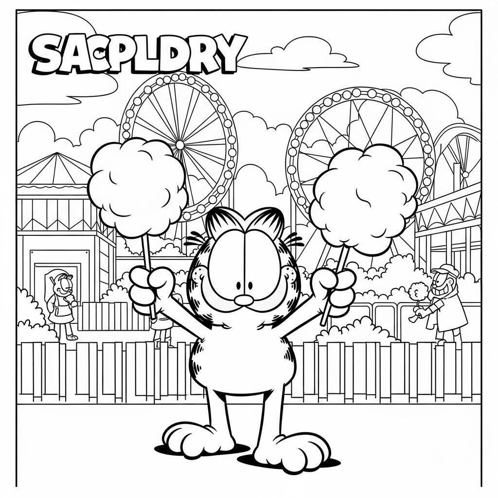 Coloriage Garfield dans un parc d'attractions