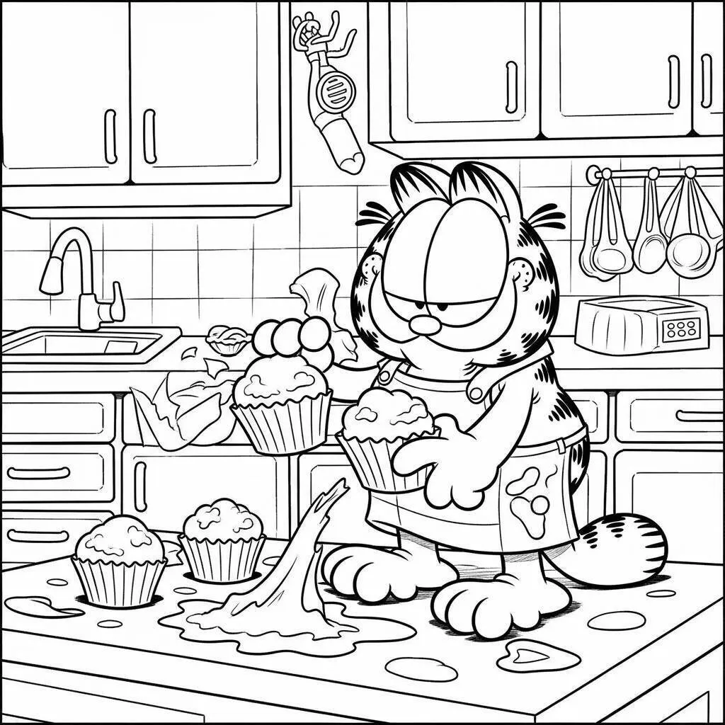 Desenho do Garfield fazendo cupcakes para colorir