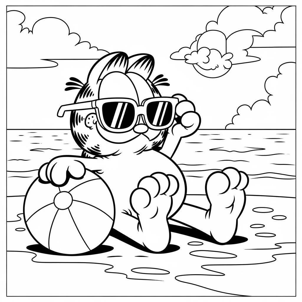 Coloriage Garfield sur la plage pour Colorier