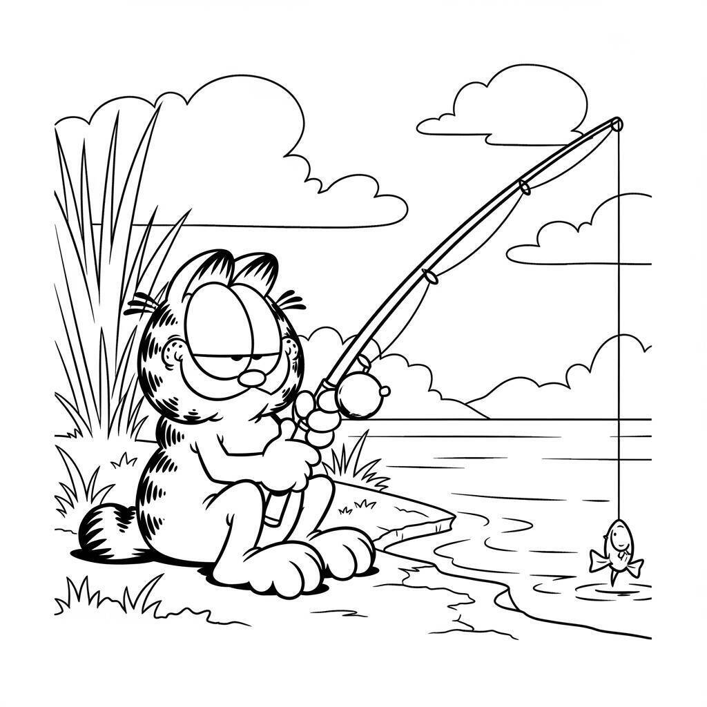 Coloriage - Garfield en train de pêcher