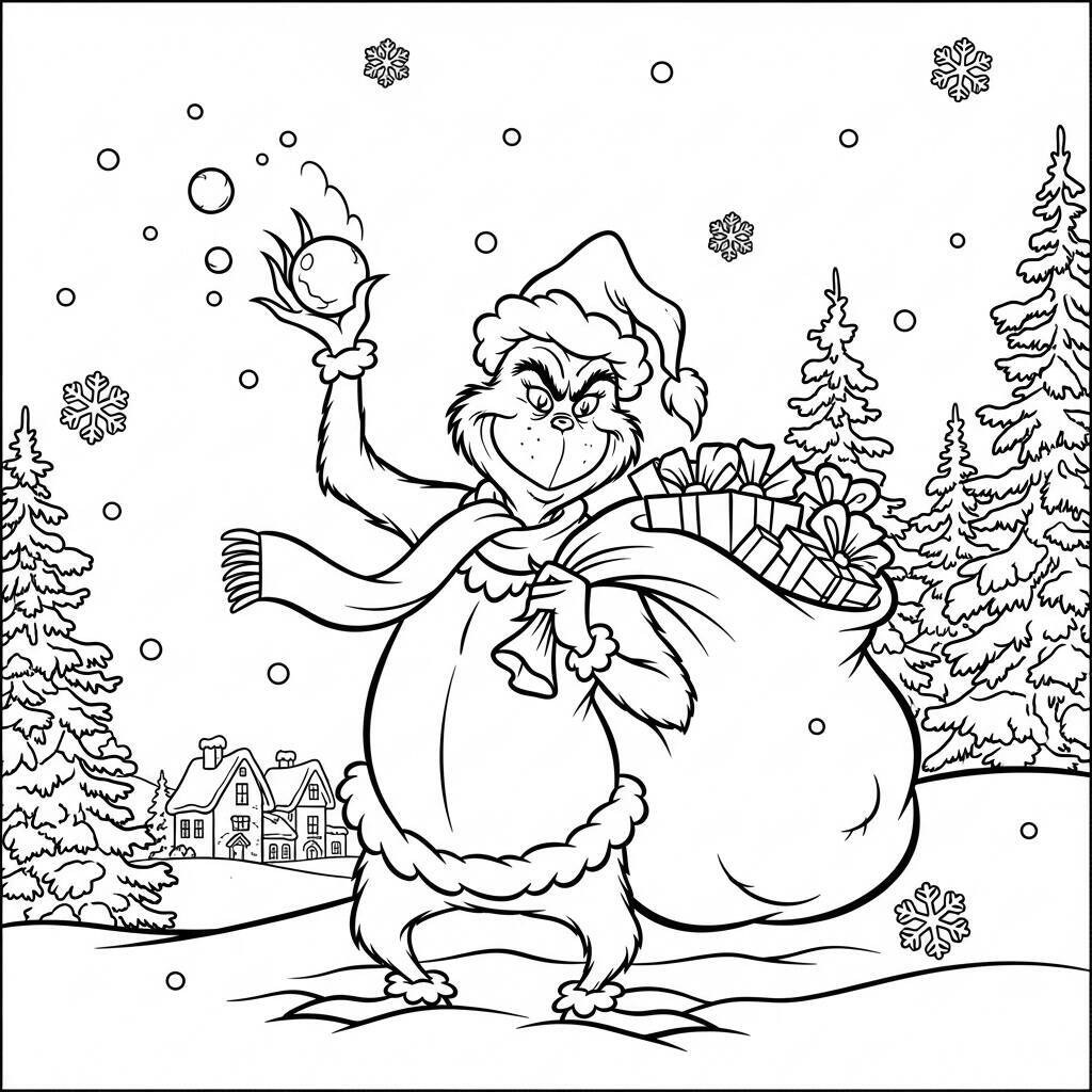 Malvorlage „Grinch mit Schnee“.
