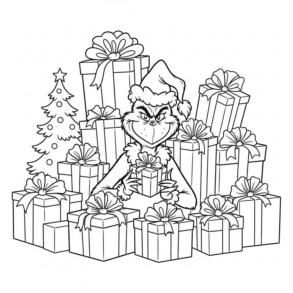 Malvorlage „Grinch mit Geschenken“.
