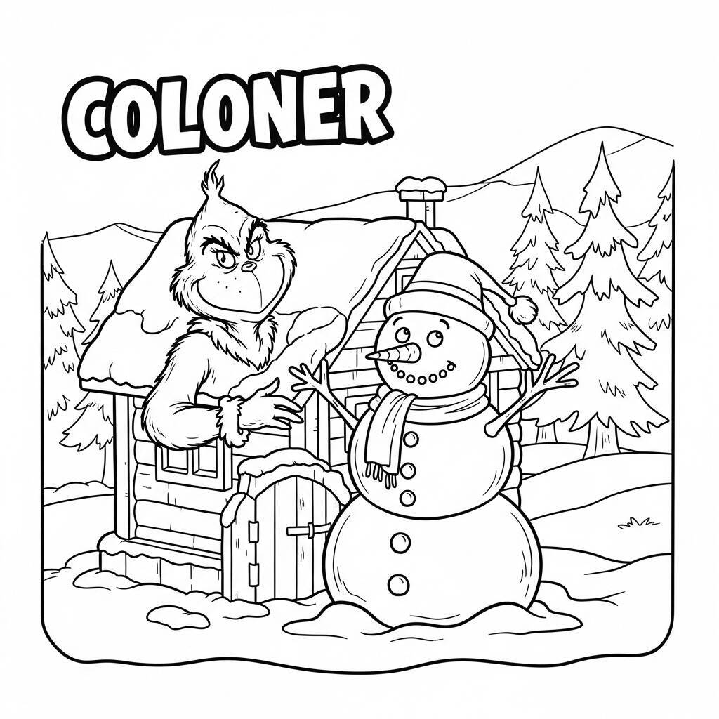 Ausmalbilder Grinch mit einem Schneemann
