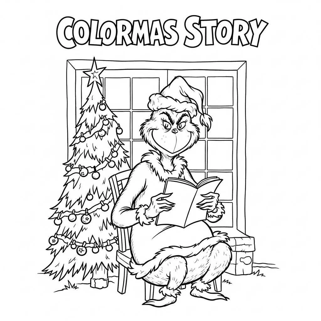 Desenho do Grinch com um Livro de Natal para Colorir