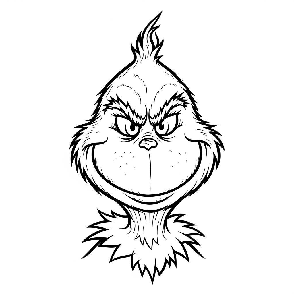 Malvorlage „Grinch mit schelmischem Lächeln“.