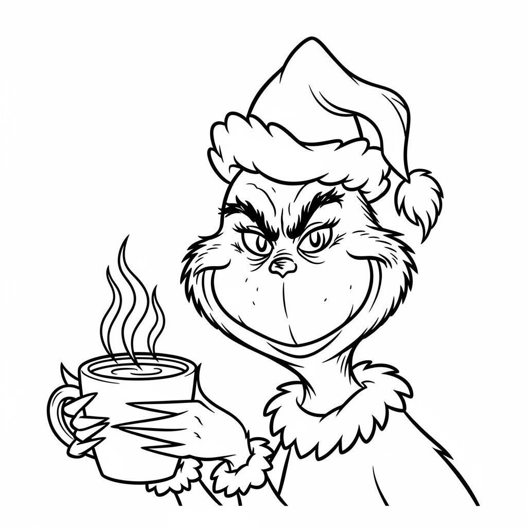 Ausmalbild: Grinch mit einer Tasse heißer Schokolade
