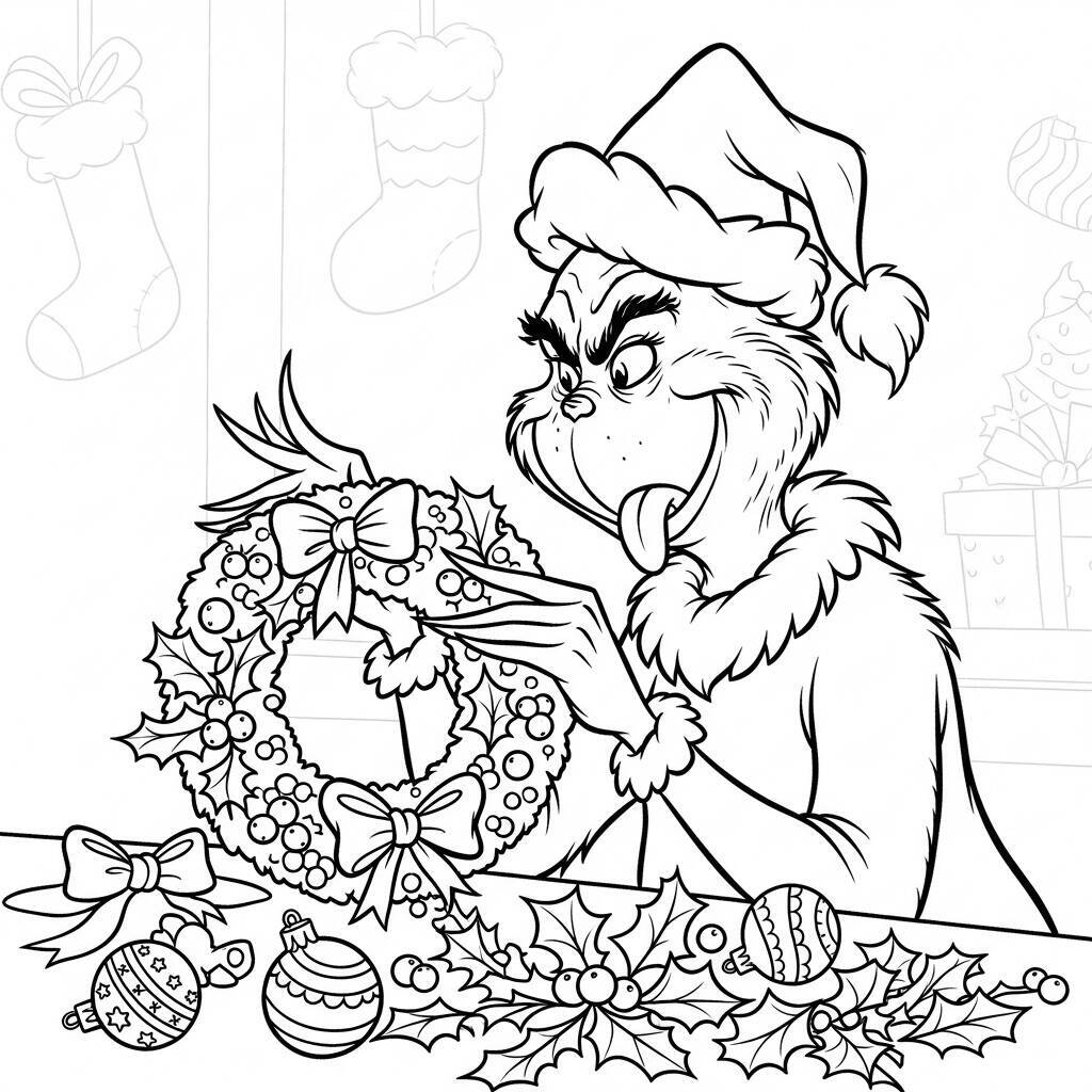 Ausmalbilder Grinch und der Weihnachtskranz