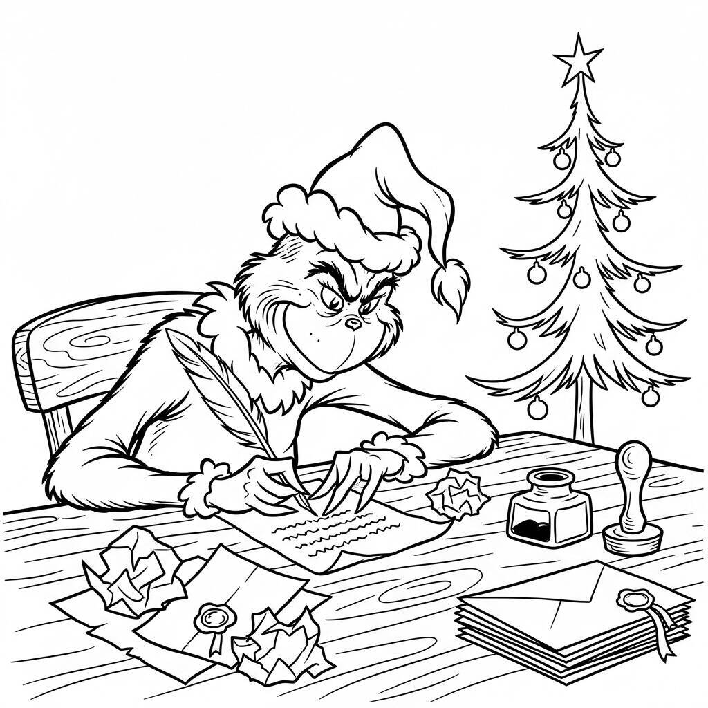 Ausmalbilder Grinch und Weihnachtsbuchstaben
