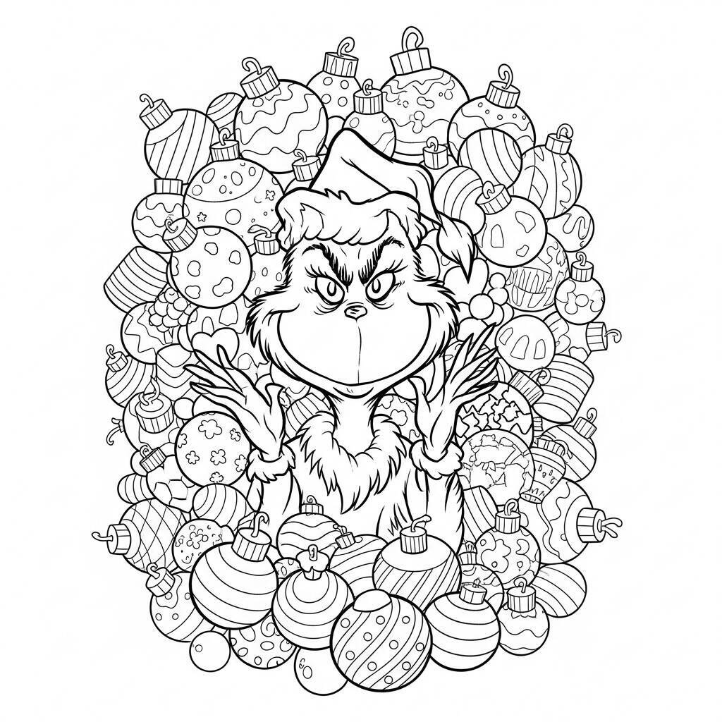 Malvorlage „Grinch und Weihnachtsdekoration“.
