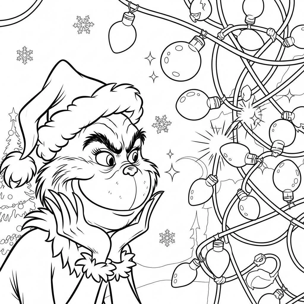 Desenho do Grinch e as Luzes de Natal Brilhando para Colorir