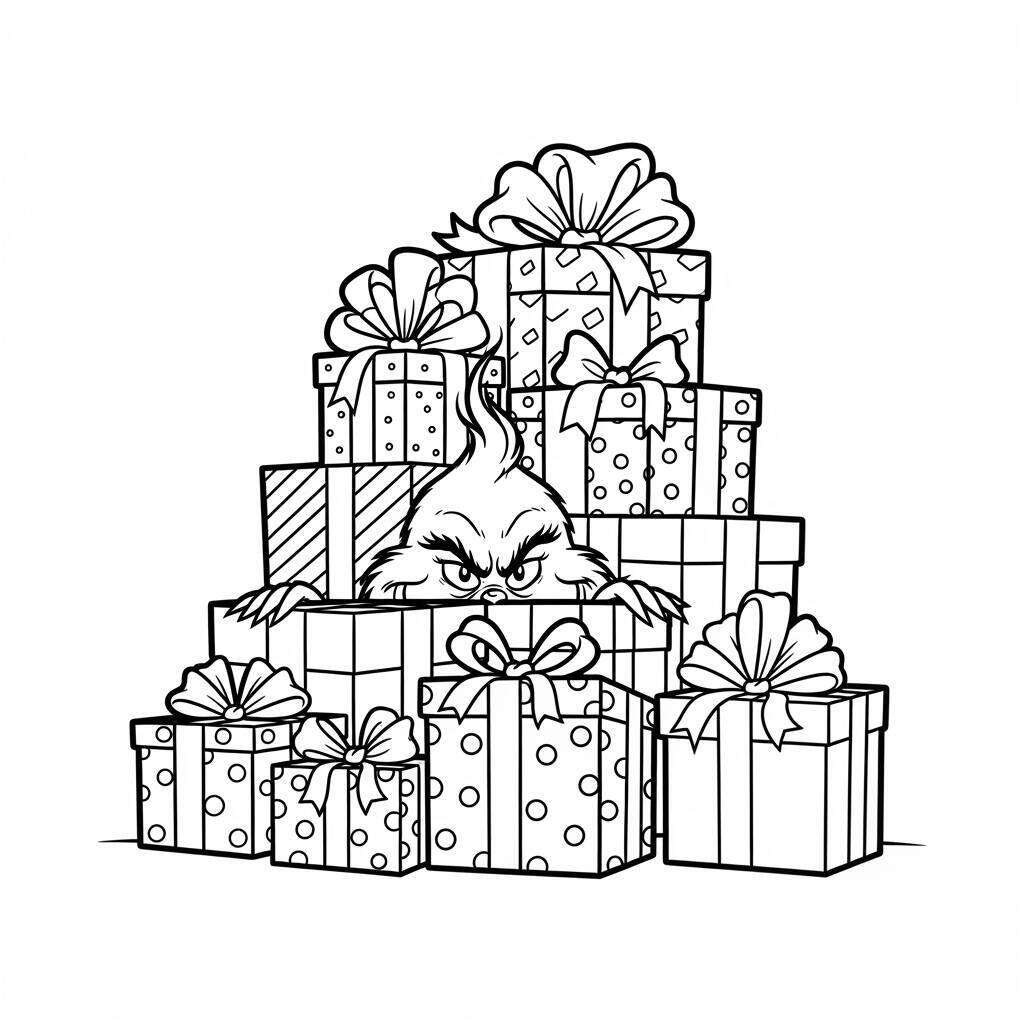 Ausmalbild: Grinch und die Geschenke, die seine Augen bedecken