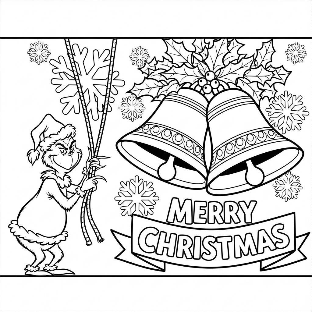 Malvorlage „Grinch und Weihnachtsglocken“.