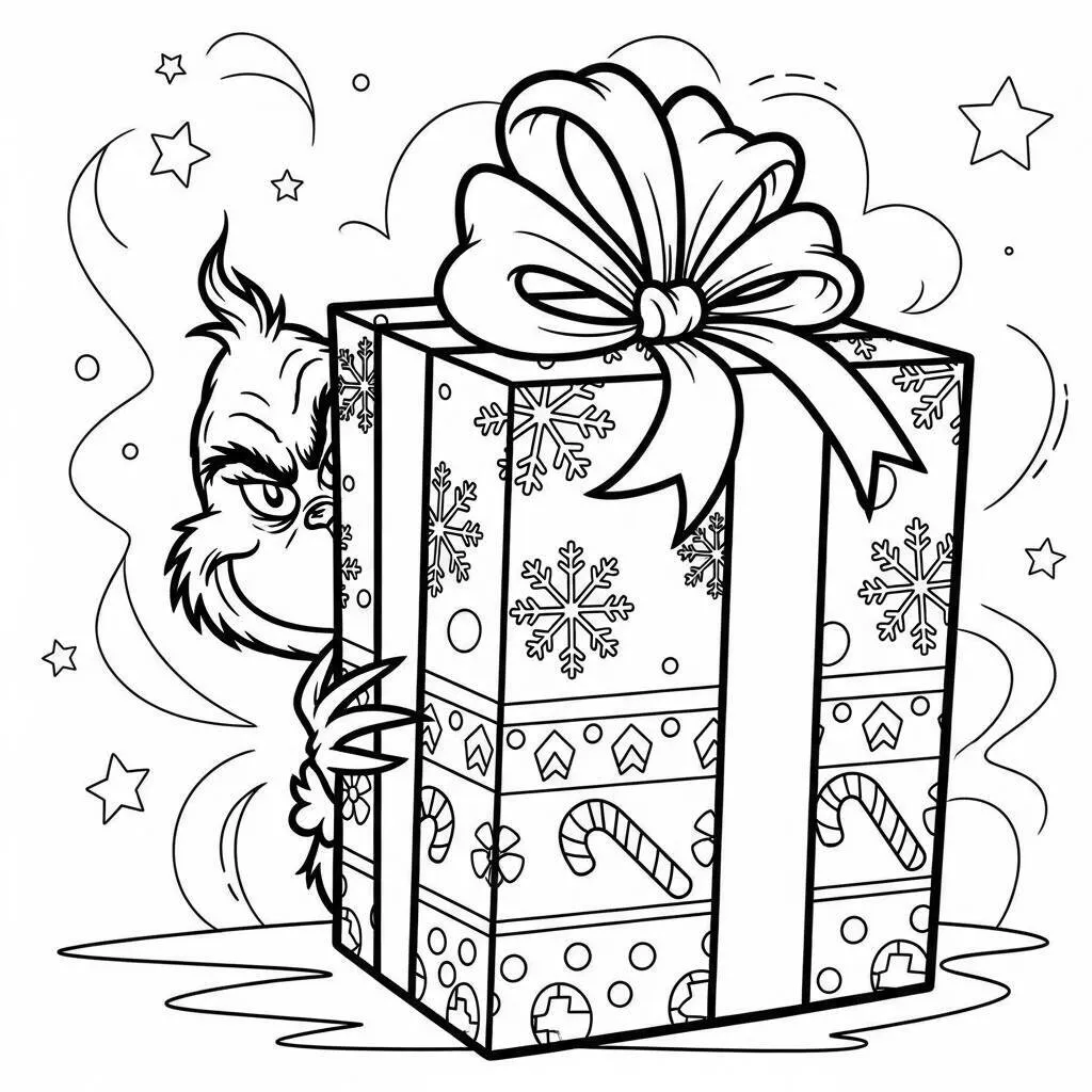 Desenho do Grinch e um Presente Gigante para Colorir
