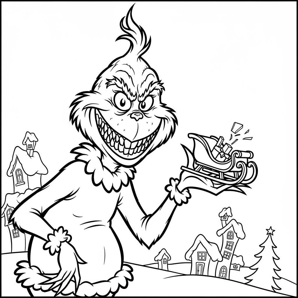 Zeichnung des Grinch im Cartoon-Stil zum Ausmalen