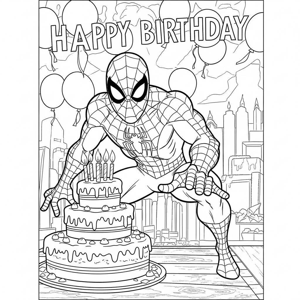 Desenho do Homem Aranha com um Bolo de Aniversário para Colorir