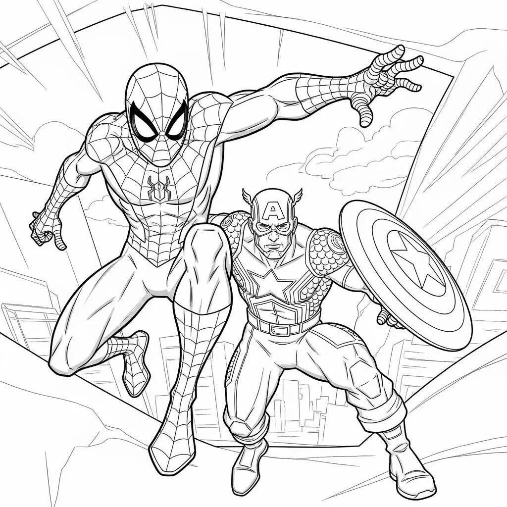 Desenho do Homem Aranha e o Capitão América para Colorir