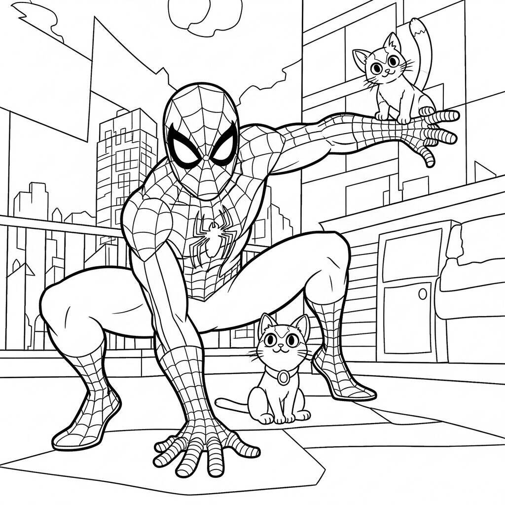 Desenho do Homem Aranha e um Gato para Colorir