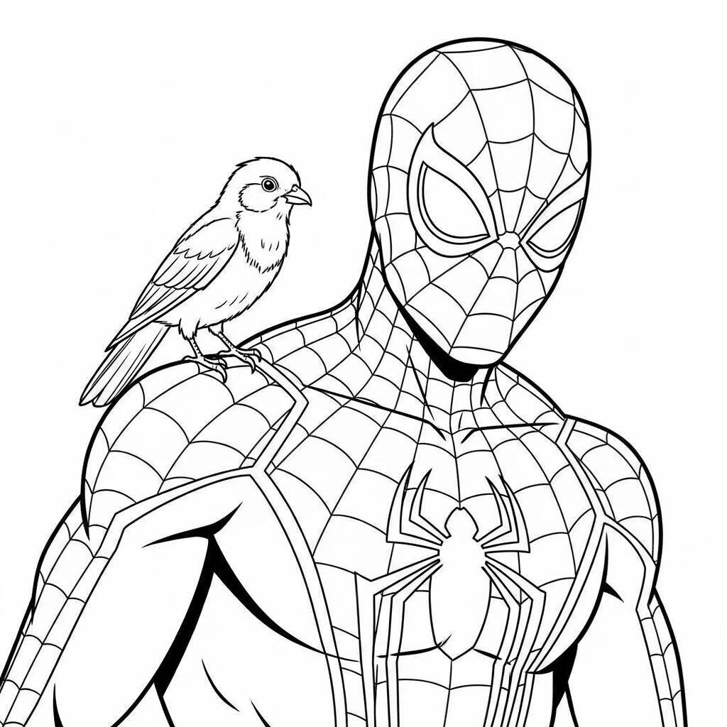 Desenho do Homem Aranha e um Pássaro para Colorir