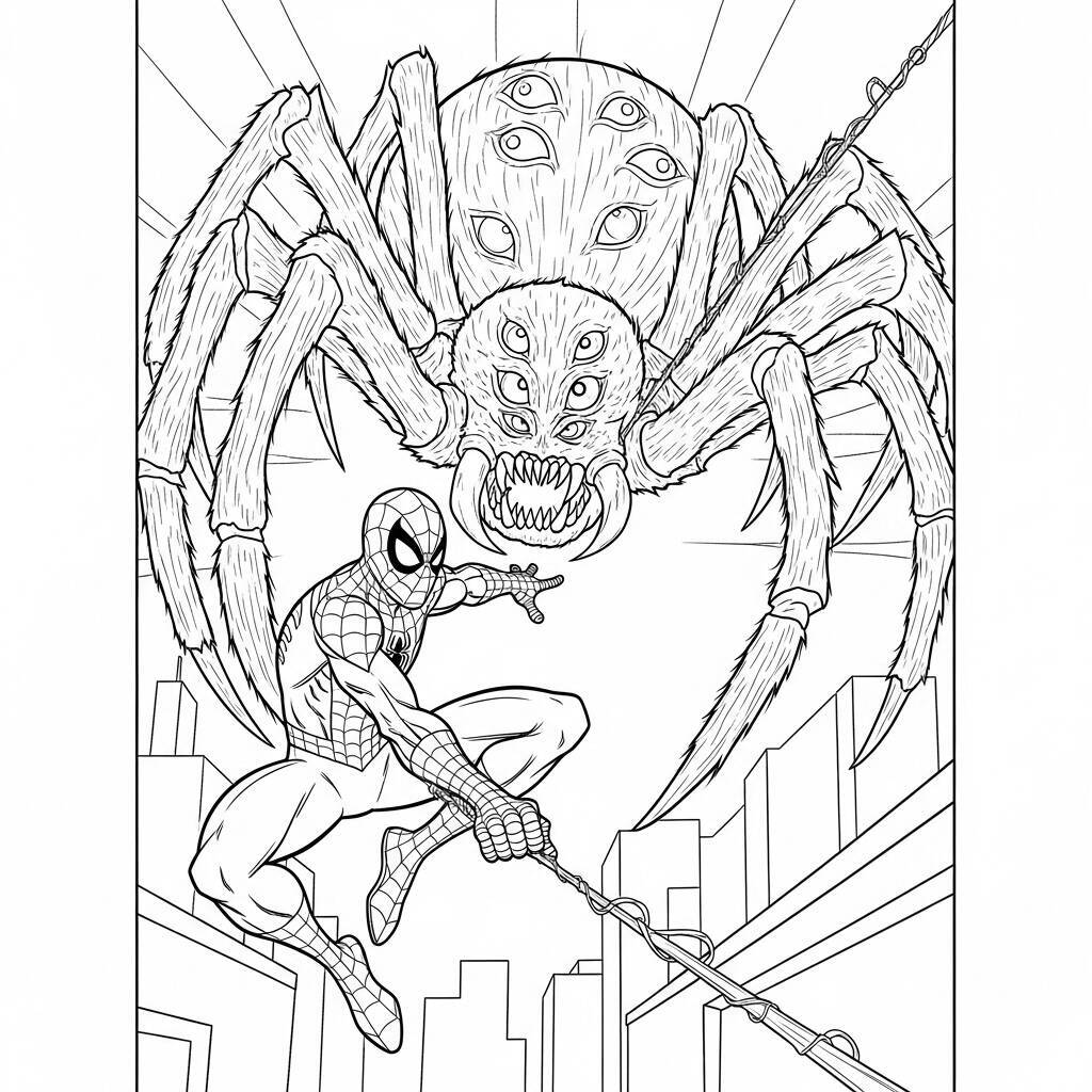 Desenho do Homem Aranha e uma Aranha Gigante para Colorir