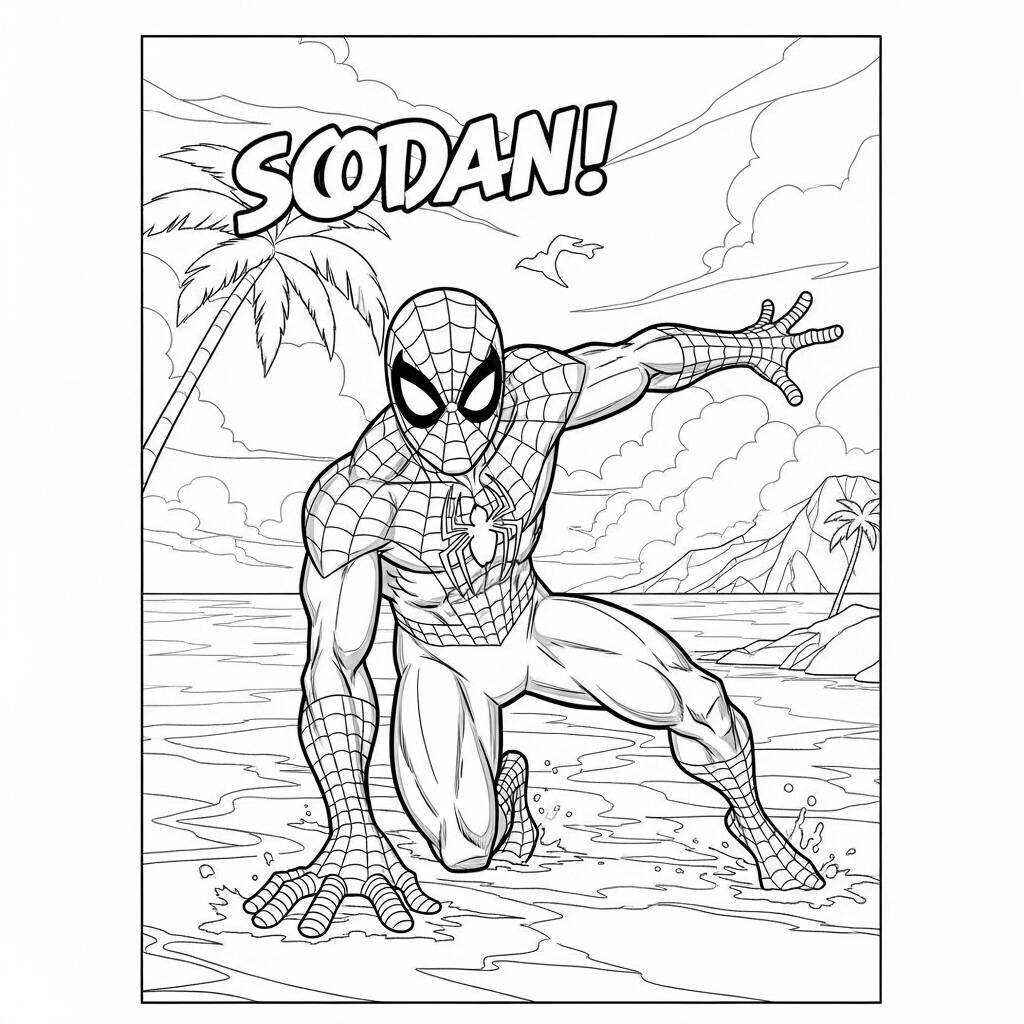 Desenho do Homem Aranha em um Dia de Praia para Colorir