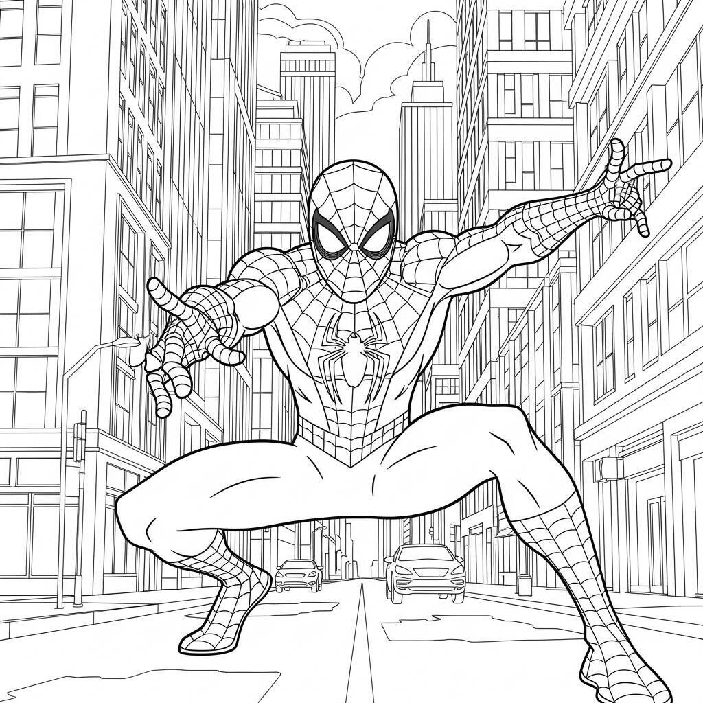 Desenho do Homem Aranha em um Fundo de Cidade para Colorir