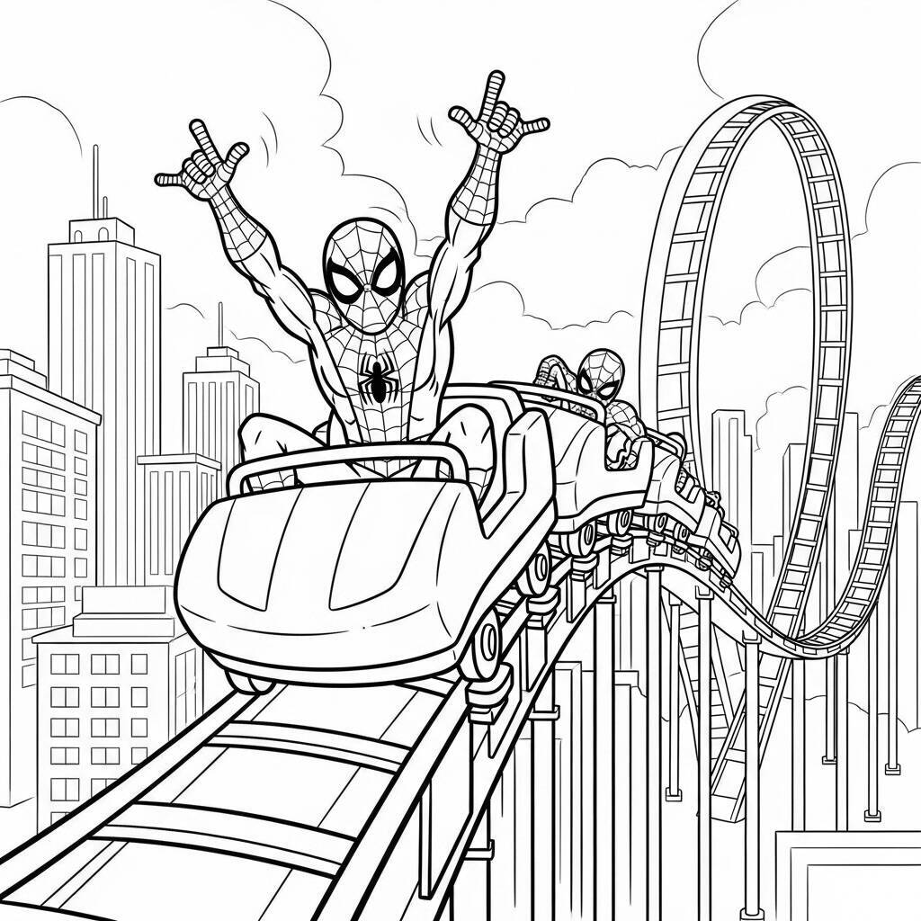 Desenho do Homem Aranha em uma Montanha-Russa para Colorir