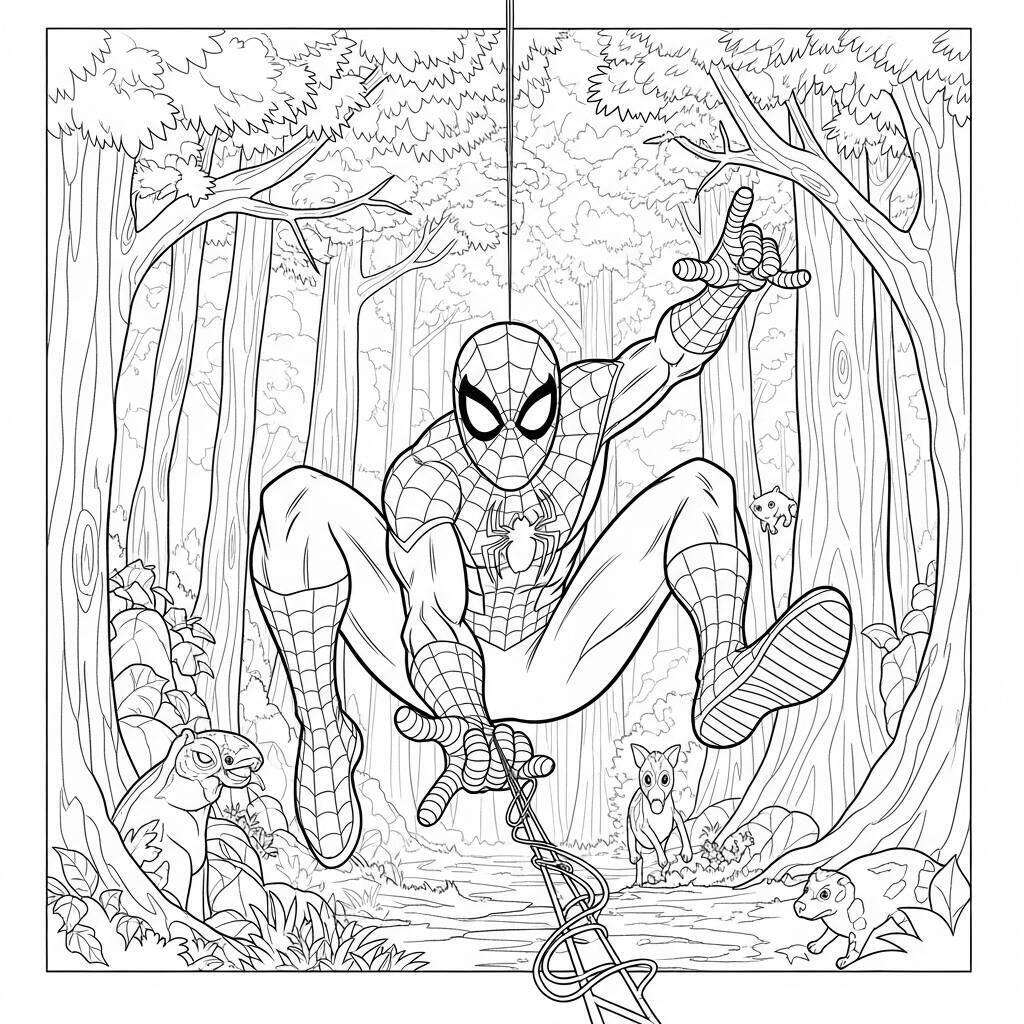 Desenho do Homem Aranha na Floresta para Colorir