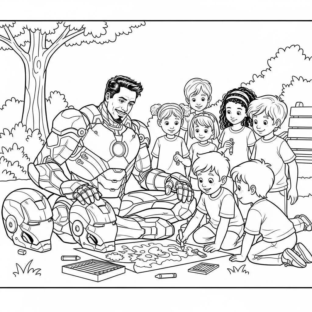 Desenho do Homem de Ferro interagindo com crianças para colorir