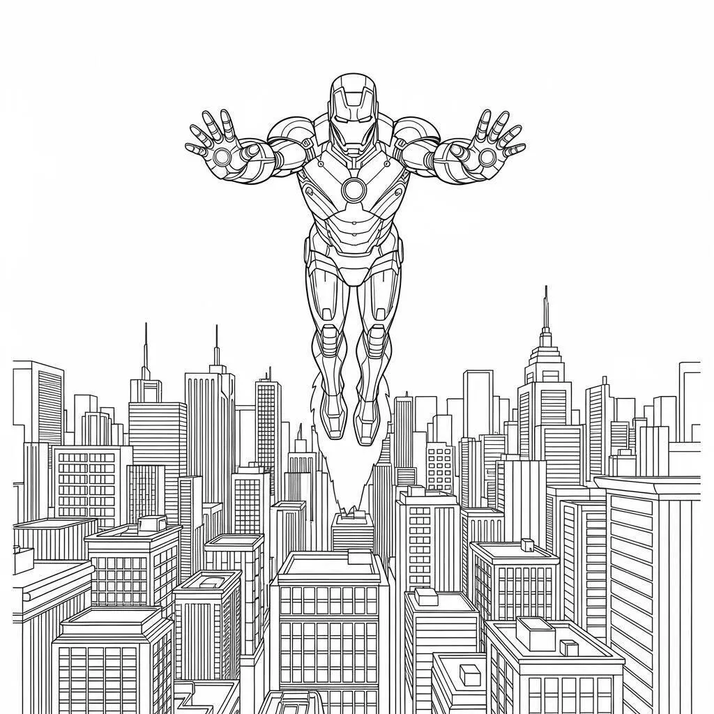 Desenho do Homem de Ferro voando sobre a cidade para colorir
