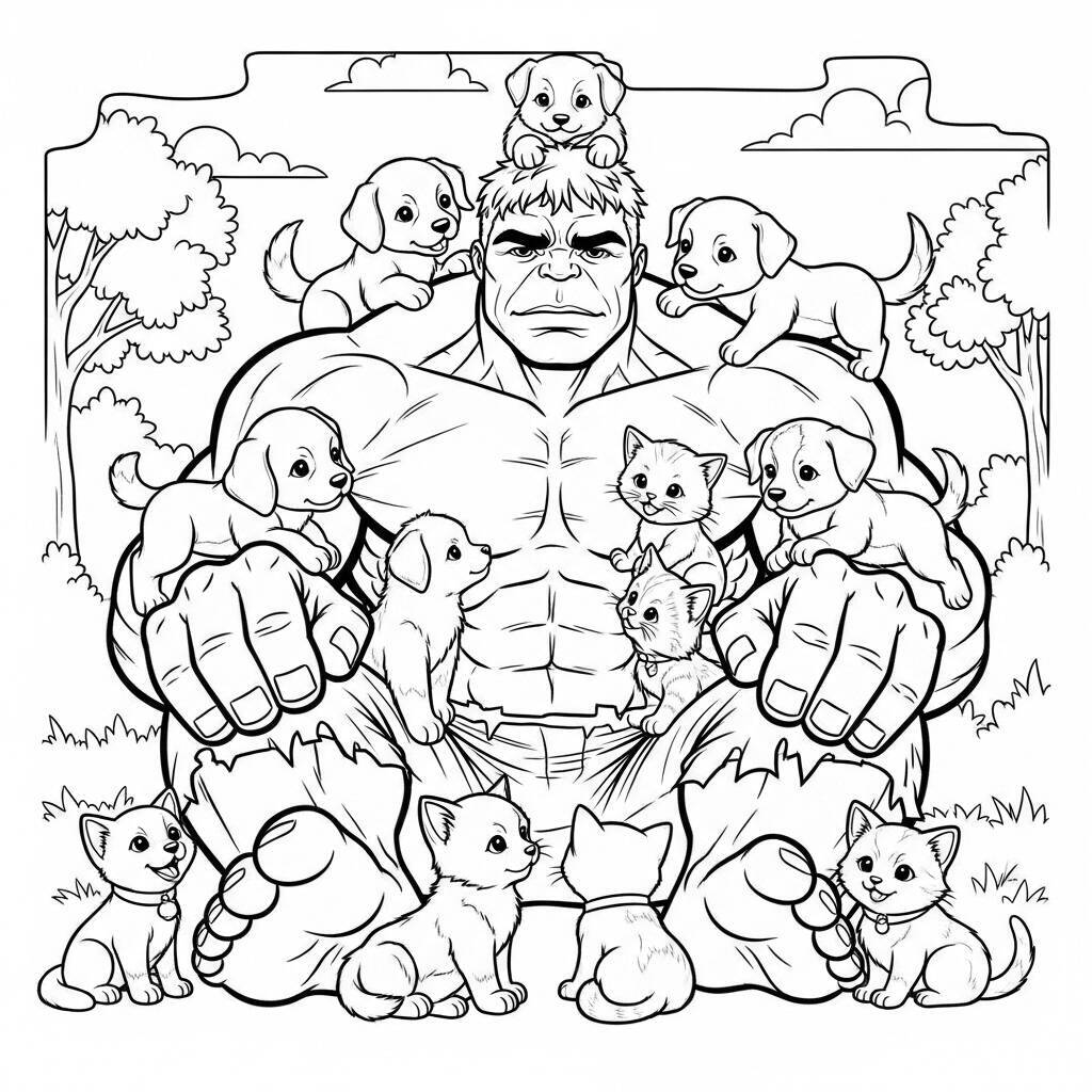 Desenho do Hulk com Animais para Colorir