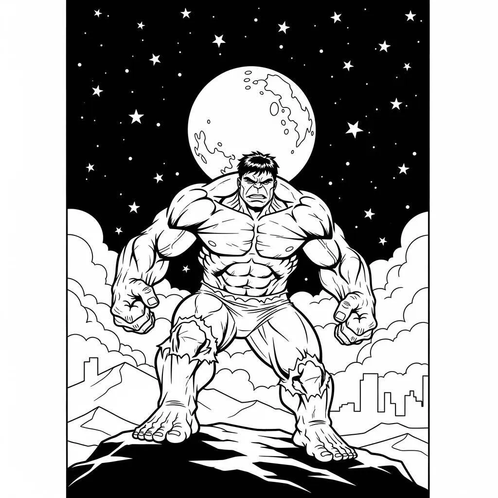 Desenho-do-Hulk-com-Estrelas-e-Luar-para-Colorir Pagina da colorare di Hulk con stelle e chiaro di luna